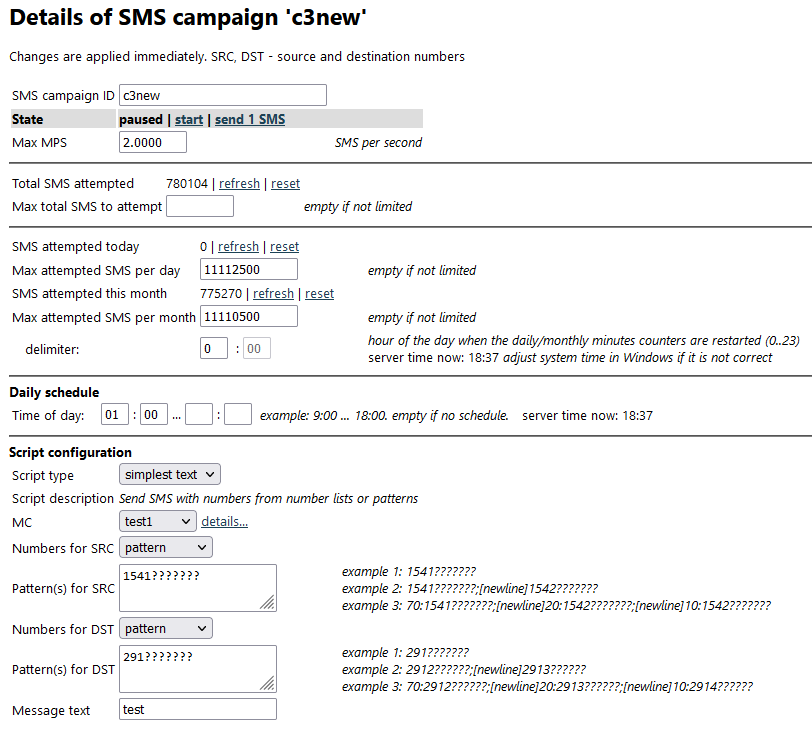 SMS generation parameters in softswitch