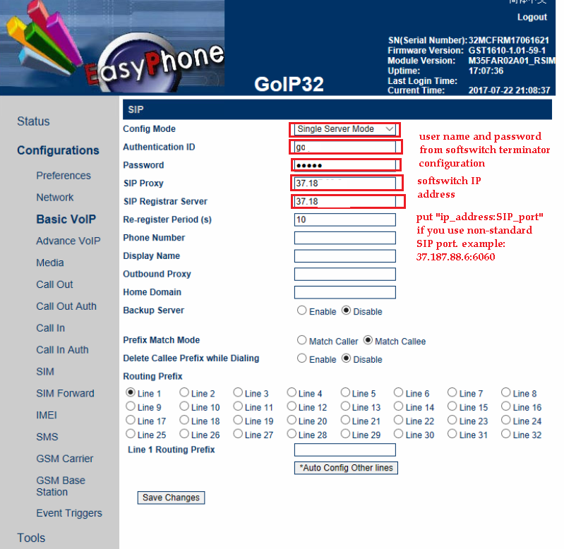set up conection from GoIP GSM gateway to softswitch